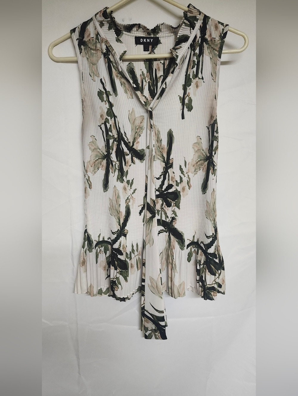 DKNY Sleeveless Pleated Tie-Neck Camisole in White, Olive and Tan